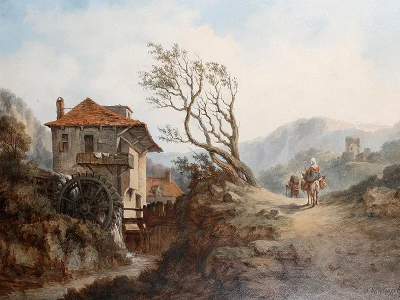 1797-Michel Van Cuyck - Viaggiatori su una strada vicino a un mulino ad acqua